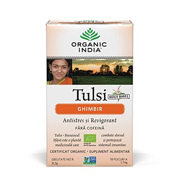 Ceai Tulsi (Busuioc Sfant) Ghimbir | Antistres Natural si Revigorant, plicuri Organic India