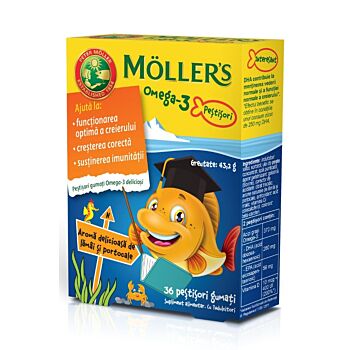 MÖLLER’S OMEGA-3 PEȘTIȘORI, portocale, 36 jeleuri