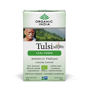 Ceai Tulsi (Busuioc Sfant) cu Ceai Verde | Antistres Natural & Vitalizant, plicuri Organic India