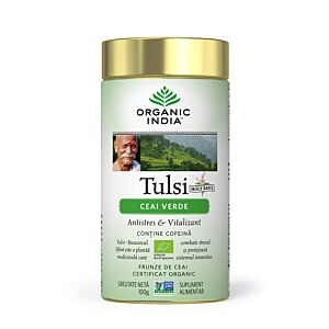 Tulsi (Busuioc Sfant) cu Ceai Verde | Antistres Natural & Vitalizant, 100g Organic India